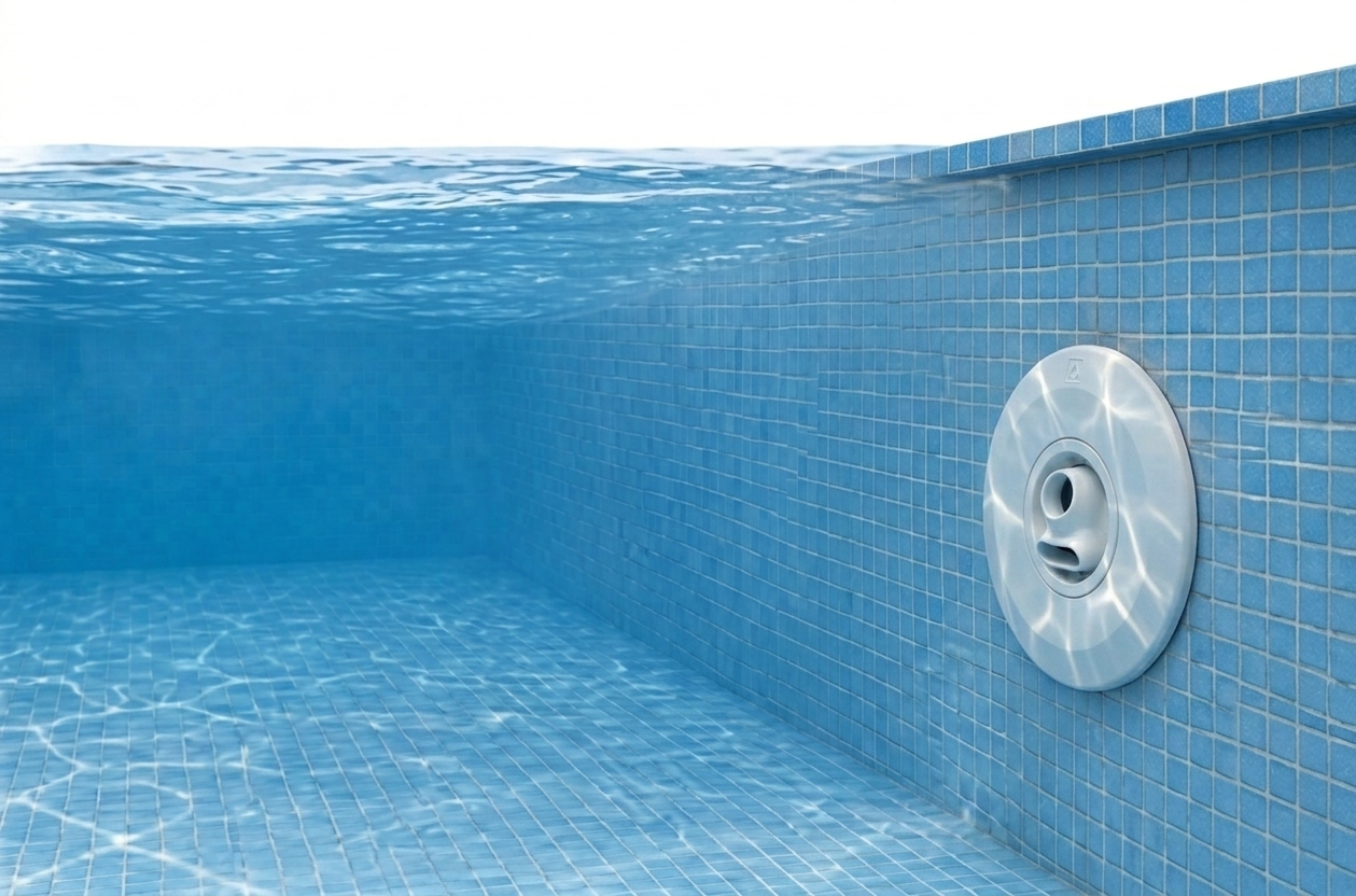 Rotule Zéphyo installée dans la buse de refoulement d'une piscine, vue sous l'eau